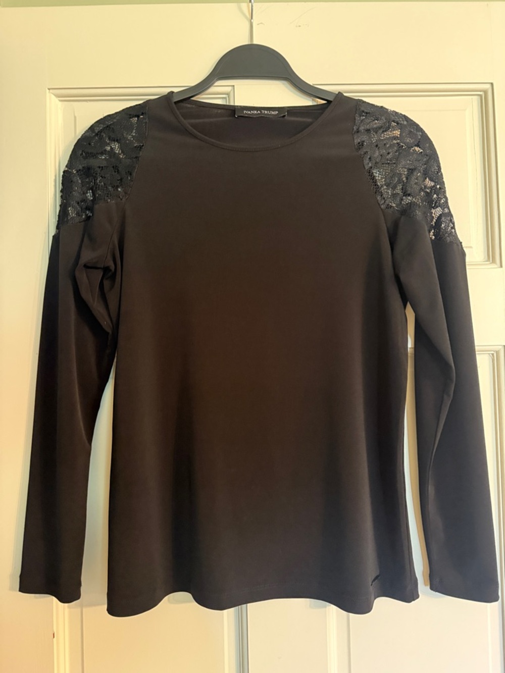 Ivanka Trump Black Lace-Shoulder Long Sleeve Top